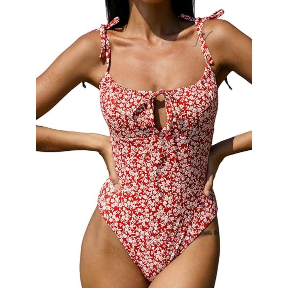 Retro Floral Drawstring Ruched One-Piece Swimsuit, MEDIUM, 9E-145SWIM001